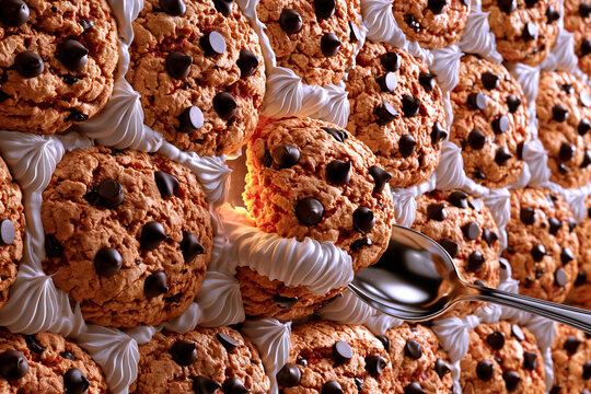 Gros plan surr&eacute;aliste d'un mur en briques de biscuits aux p&eacute;pites de chocolat et chantilly. Une petite cuill&egrave;re en argent est en train de retirer un d&eacute;licieux biscuit de la paroi