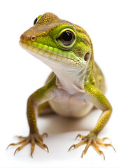 Fototapeta premium Close up portrait of bright green baby anole lizard sitting on white isolated background