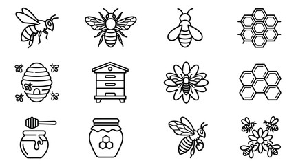 Icons of honey jars, beehives, and bees. © mad