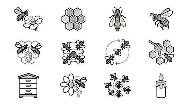 Honey production icons with wax and bees.