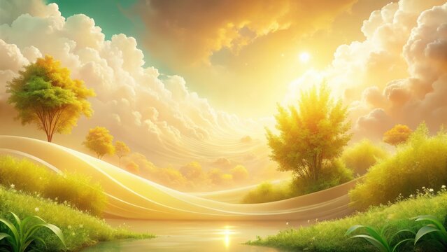Golden Hour Serenity A Peaceful Landscape of Rolling Hills, Lush Greenery, and a Tranquil Lake Under a Heavenly Sunset