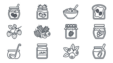Line icons of berry jams and fruit preserves. © mad
