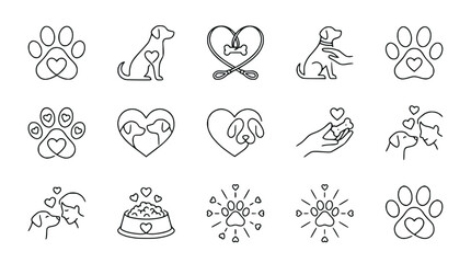 Fototapeta premium Dog Love Icons: Paw Prints, Hearts, Pets, and Care - Line Art Collection