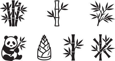 Black and white bamboo illustrations with panda and bamboo shoot Vector © mahafuza