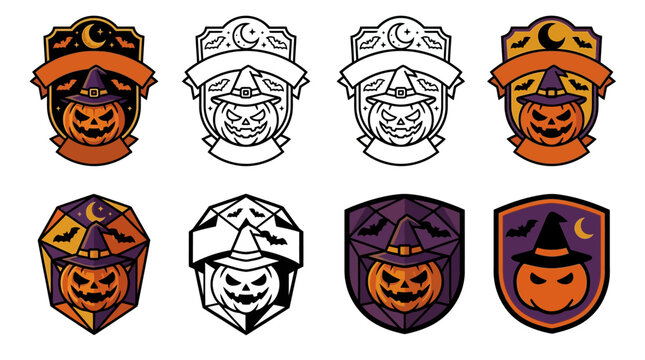 Halloween emblem collection with pumpkin wearing witch hat inside shield and badge frames.