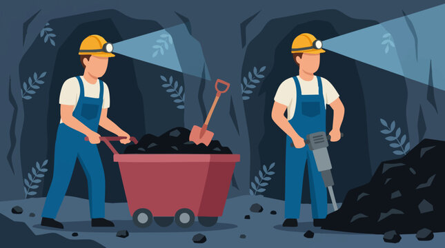 Miners working in a dark coal mine, pushing cart and using a jackhammer