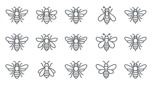 Minimalist honey bee line icon set on white background.