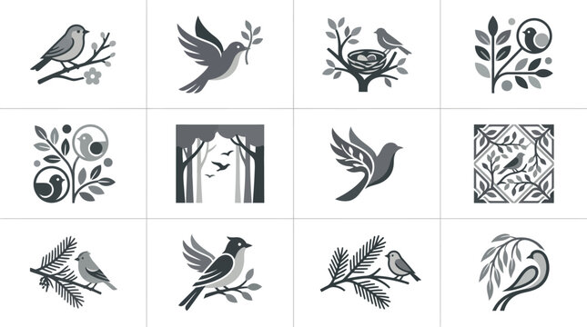 Minimalist bird and nature illustration grid.