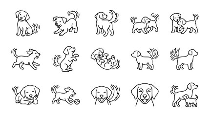 Cute Puppy Dog Line Art Icon Set: Playful Pups in Various Poses © Xandal