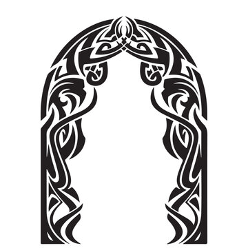 Tribal arch vector illustration with symmetrical celtic knotwork patterns for decorative frame and border design