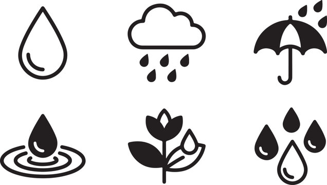 Water cycle icons set showing rain, droplets, cloud, and plant absorbing water Vector