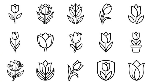 Collection of tulip flower line icons.