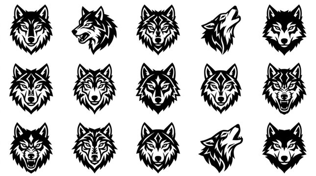 Collection of wolf head illustrations.