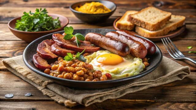 Hearty Breakfast Plate Featuring Sausages, Fried Egg, Mashed Potatoes, Beans, and Bacon