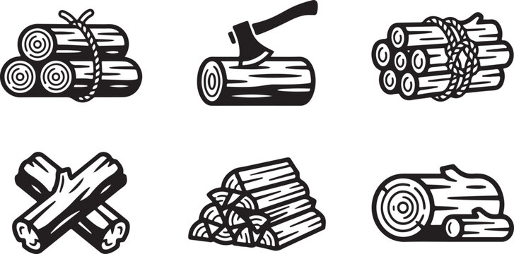 Six vintage woodcutting and firewood preparation icons Vector