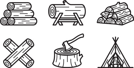 Six essential camping and woodworking icons in simple black and white vector style Vector © mahafuza
