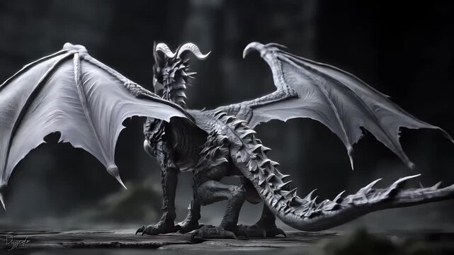 Fantasy, mysterious, wallpaper. A detailed, monochromatic portrayal of a dragon in a dramatic pose. The dragon is depicted in a side profile, with its wings spread wide.