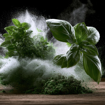 Fresh green basil and mint leaves explode with natural energy, vibrant herbs and powder burst on rustic wooden table, dramatic motion