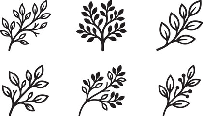 Fototapeta premium Six stylish black and white leaf branch vector illustrations Vector