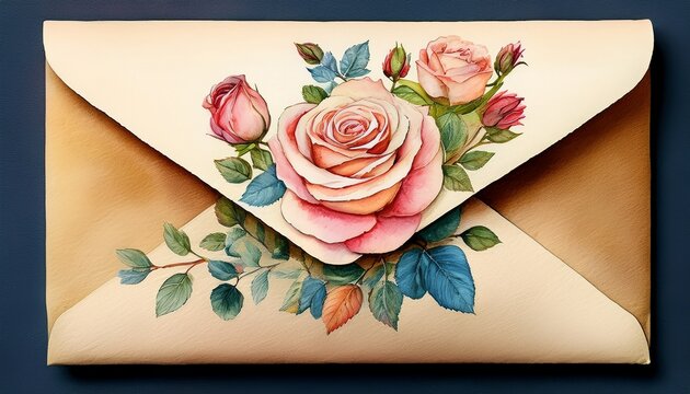 vintage square envelope with roses watercolored on it