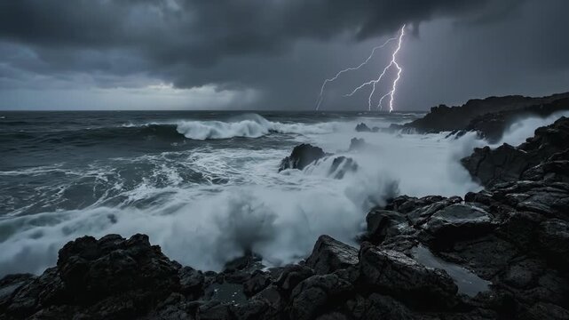 Lightning striking over a stormy ocean with powerful waves crashing against a rocky volcanic coastline under dark dramatic clouds