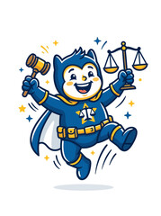 Obraz premium Cheerful Cartoon Superhero Lawyer Mascot with Gavel and Scales of Justice