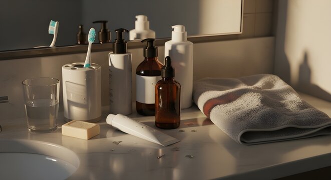 Minimalist bathroom interior featuring personal care products and accessories on a white shelf