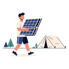 Fototapeta premium Man Carrying Solar Panels near Tent in Nature
