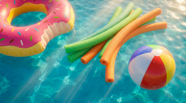 Colorful pool toys including a donut floatie and beach ball floating in clear blue swimming pool water.