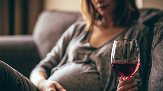 pregnant woman with glass of wine, fetal alcohol syndrome hazard, hi-res with copy space