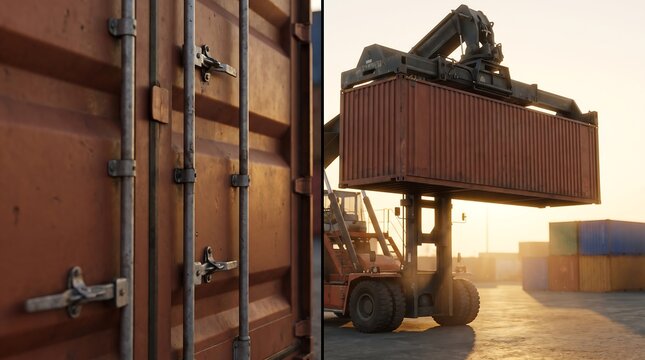 Close up of metal door lock mechanism on cargo shipping container with heavy reach stacker forklift handler working in blurred background at commercial port terminal yard