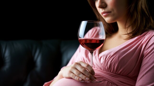 pregnant woman with glass of wine, fetal alcohol syndrome hazard, hi-res with copy space