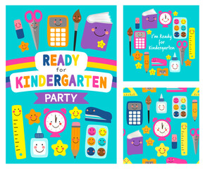 Fototapeta premium Ready for Kindergarten Party Invitation Set with Cute School Supplies and Seamless Pattern