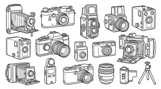 Vintage Camera Collection - Retro Photography Equipment Drawing