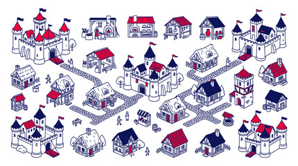 Medieval Village Isometric Illustration: Castles, Houses, Market, and People © afgan