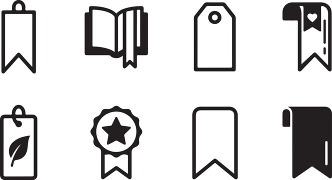 Set of eight black and white bookmark and badge icons Vector