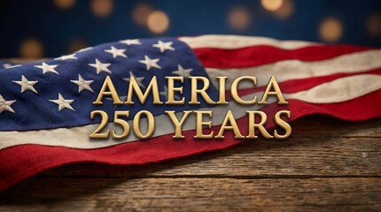 Fototapeta premium America 250 years text on flag, patriotic anniversary tribute with gold lettering and lights