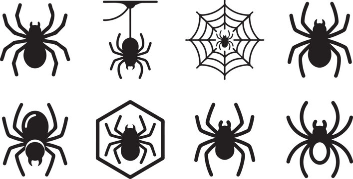 Black spider icons in various creative styles and poses Vector