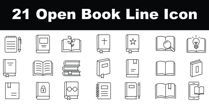 Book icon set, black outline and glyph book symbols with open and closed dictionary collection for library, education and learning vector illustration.