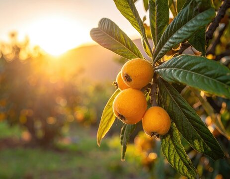 Golden sunset illuminates ripe loquats hanging on a tree branch