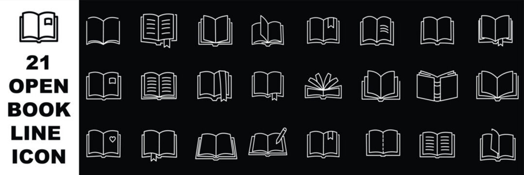 Book icon set, black outline and glyph book symbols with open and closed dictionary collection for library, education and learning vector illustration.