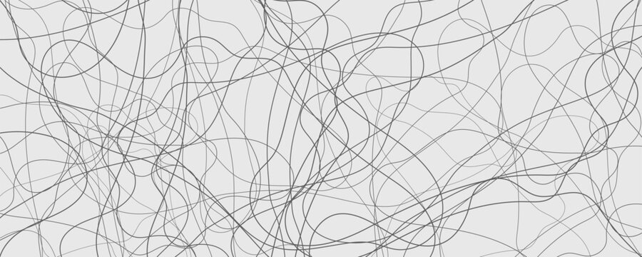 Line depression pattern with scribble doodle pen and chaotic thin thread. Mess background messy with tangled web wire and twisted black simple.