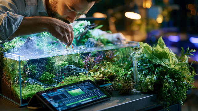 Freshwater aquarium hobbyist dipping precise chemical test strips into a planted tank during early morning mist while a digital parameter log rests on the countertop beside live plants and a thermom