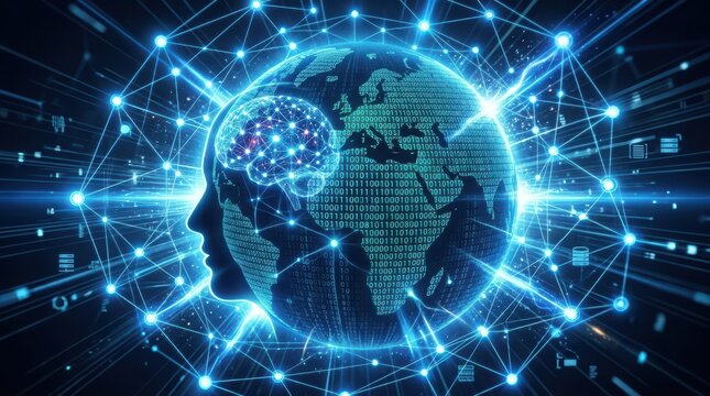 Digital human silhouette with binary code and futuristic network connections