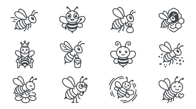 Twelve minimalist honey bee character icons.