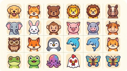 Obraz premium Animal Emoji Style Illustrations Collection – Cute Colorful Cartoon Icons for Kids
