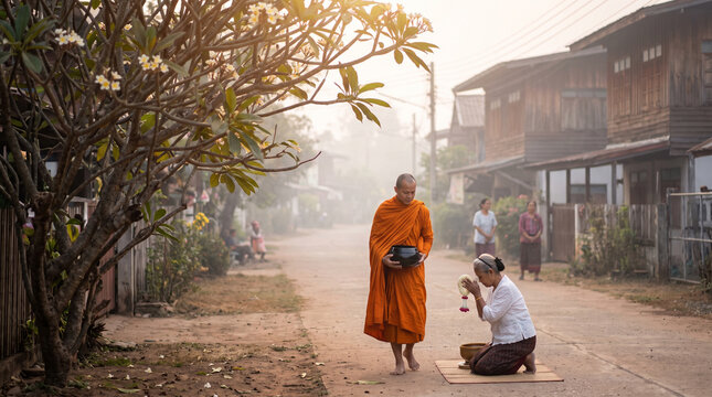 Serene Thai Buddhist Merit-Making at Dawn, Saffron-Robed Monk Receiving Alms from Kneeling Woman on Quiet Village Street