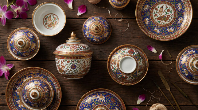 Thai Benjarong Royal Porcelain Ceramic Set Flat-Lay on Dark Teak Surface with Orchid Petals, Cobalt and Gold Motifs