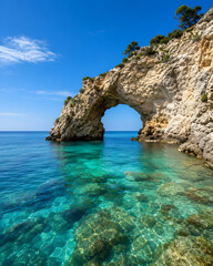 Obraz premium Crystal clear turquoise sea with natural rock arch under blue sky