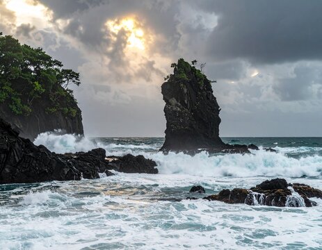 Manuelita Islet sea stack at Cocos Island Costa Rica. Volcanic rock silhouette in a churning Pacific Ocean under stormy rain clouds with a dramatic ray of golden sunlight. 8k.